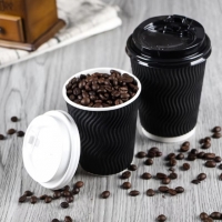 แก้วกาแฟร้อน แก้วกระดาษคราฟท์ แก้วกาแฟสีดำ ลายเส้น และ ฝาปิด 8oz/14oz/16oz 