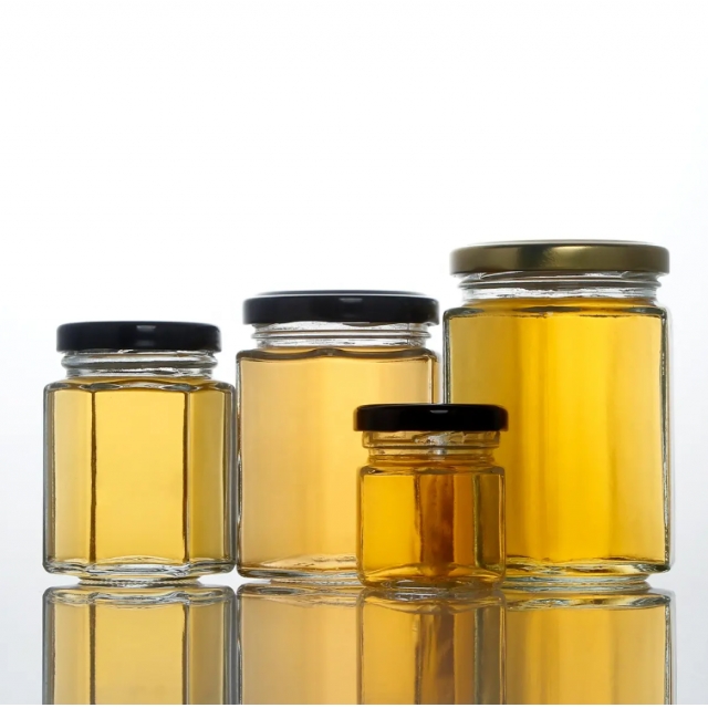 โหลแก้วใสทรงหกเหลี่ยม สำหรับใส่อาหารแห้ง หนา 5 mm ขนาด 100/300/500ml 