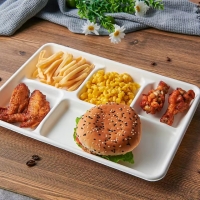 จานกระดาษ ถาดอาหารสี่เหลี่ยมผืนผ้า 5 ช่อง จานชานอ้อย ย่อยสลายได้ สีขาว 12.5นิ้ว 