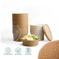 ชามกระดาษคราฟท์ ทรงกลม สำหรับใส่อาหารพร้อมฝาปิด สีขาว 18oz./25oz. 